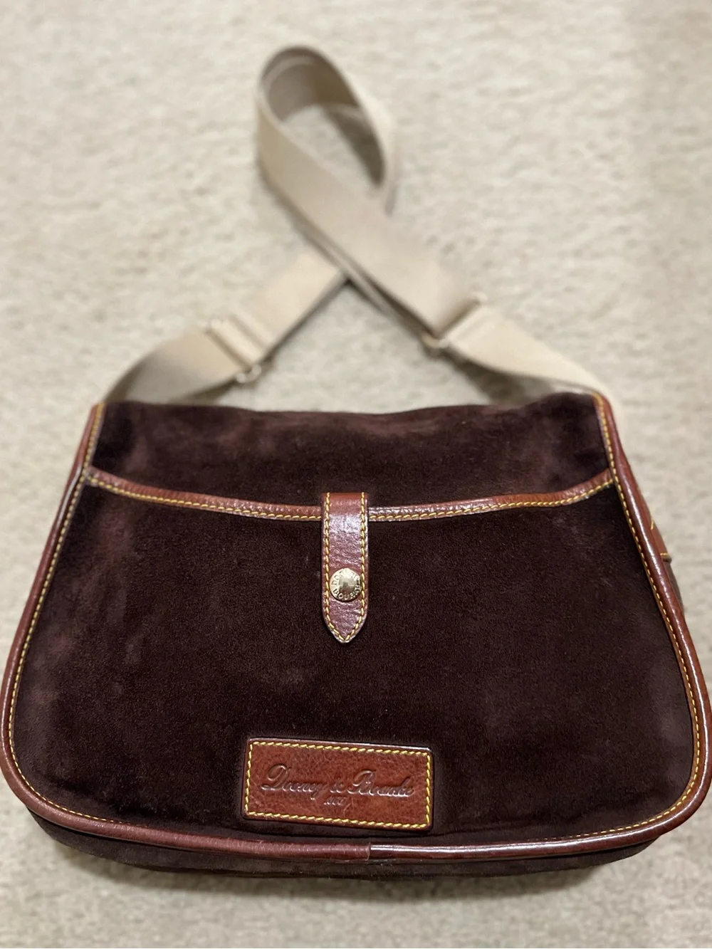 Vintage Dooney & Bourke Dark Brown Suede Crossbody with Tan Leather Accents - Picture 4 of 16